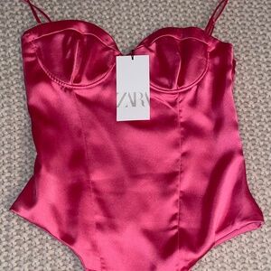 NWT Zara Pink Satin Bustier Corset Bodysuit Size Medium